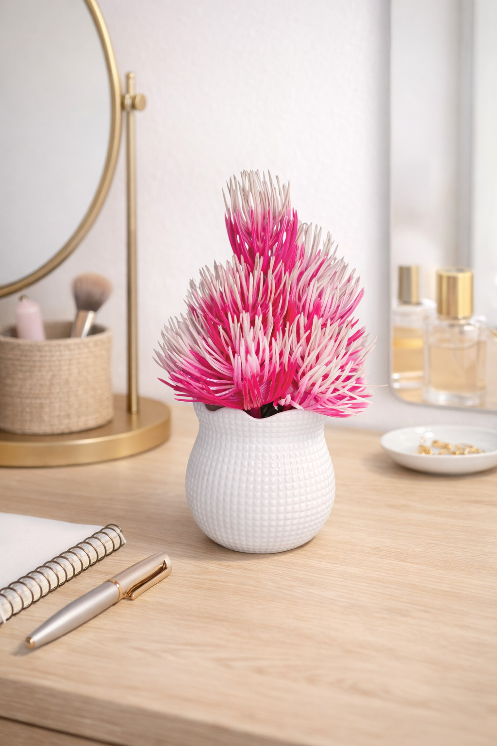 Artificial Pink Orange Red Decorative Plant in White Pot Home Office Decor