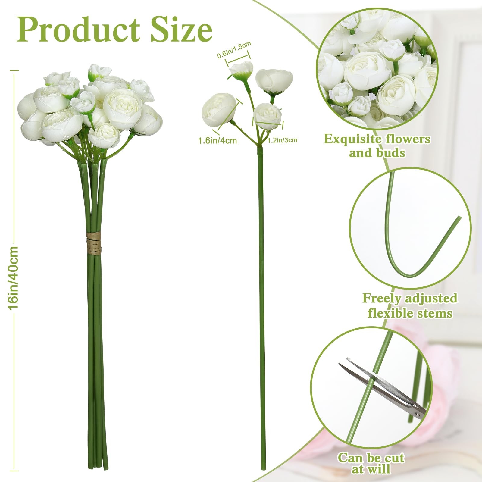 Ranunculus Artificial Flower18 Pcs White Faux Silk Mini Peony Flowers Fake Pe…