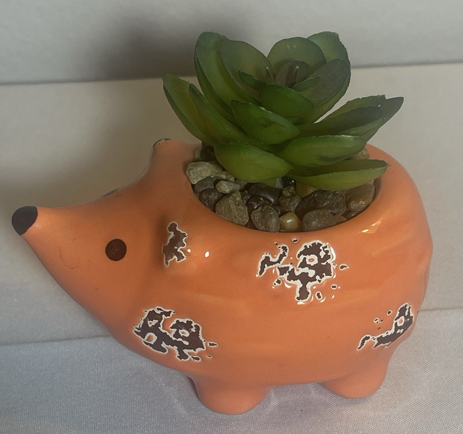 Orange Rustic Hedgehog with Faux Succulent Plant And Glued Pebbles 4x3x 3.5”