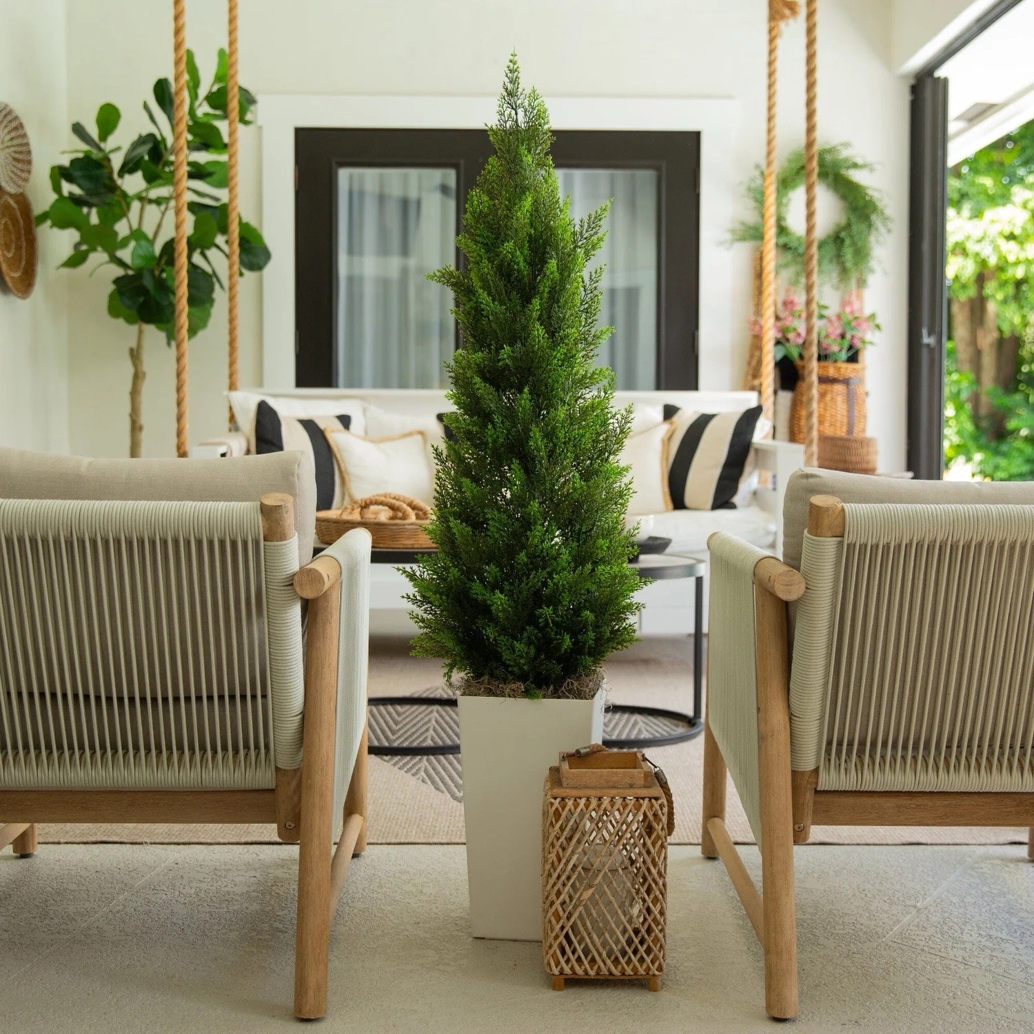 56”UV Resistant Artificial Cedar Tree in White Planter Indoor/Outdoor