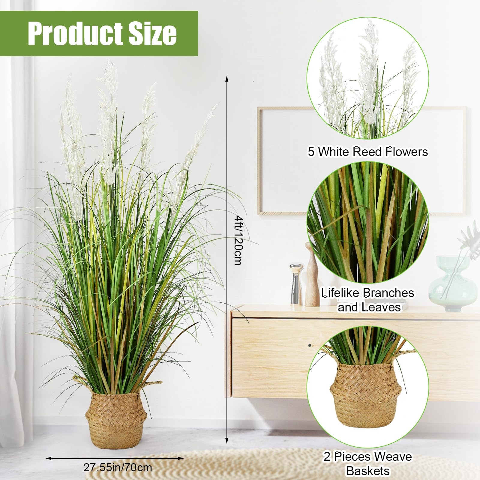 HTVSHEE 47in Tall Artificial Pampas Grass, 2-Pack Fake Plants for Indoor Outd…