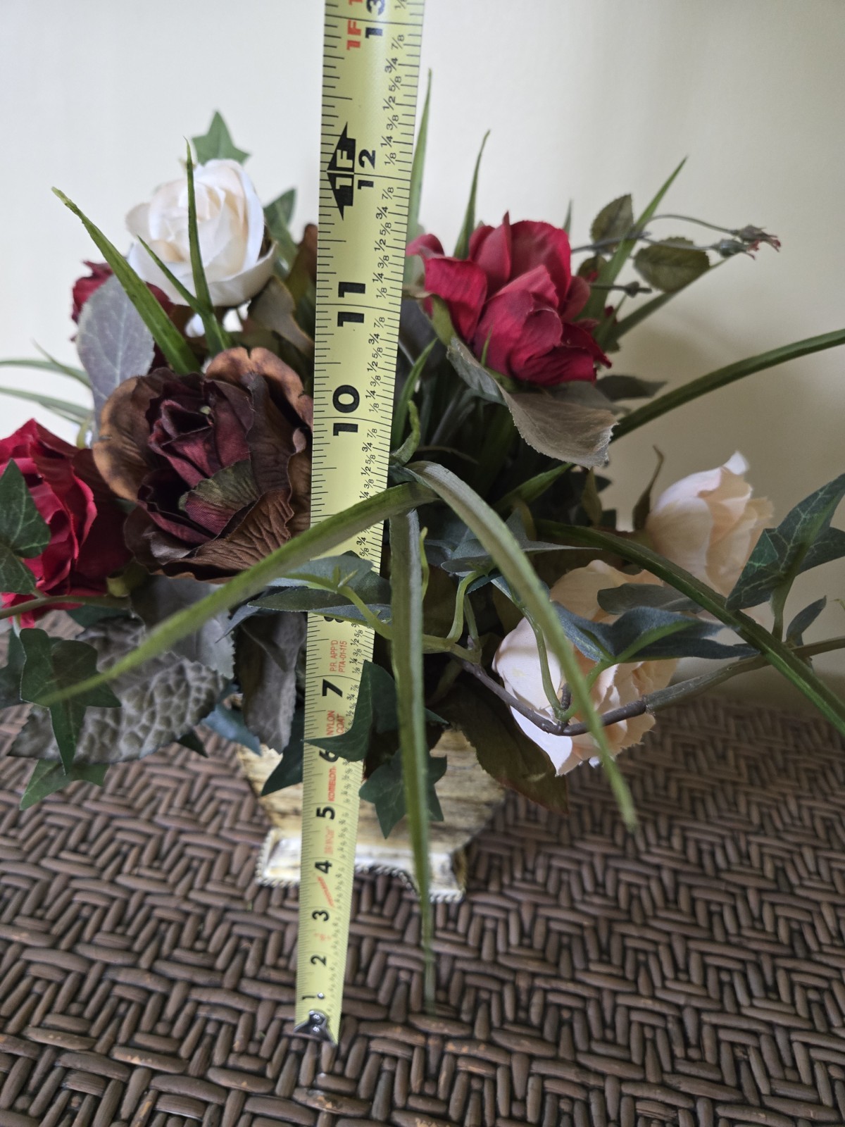 Vintage Rose Floral Arrangement in Footed Metal Pot 12″ Tall Rustic Farmhouse
