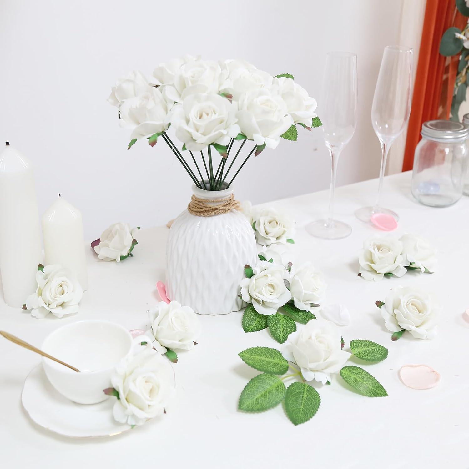 25pcs Roses Artificial Flowers 2.75in Fake White Rose Heads Real Looking Velvet