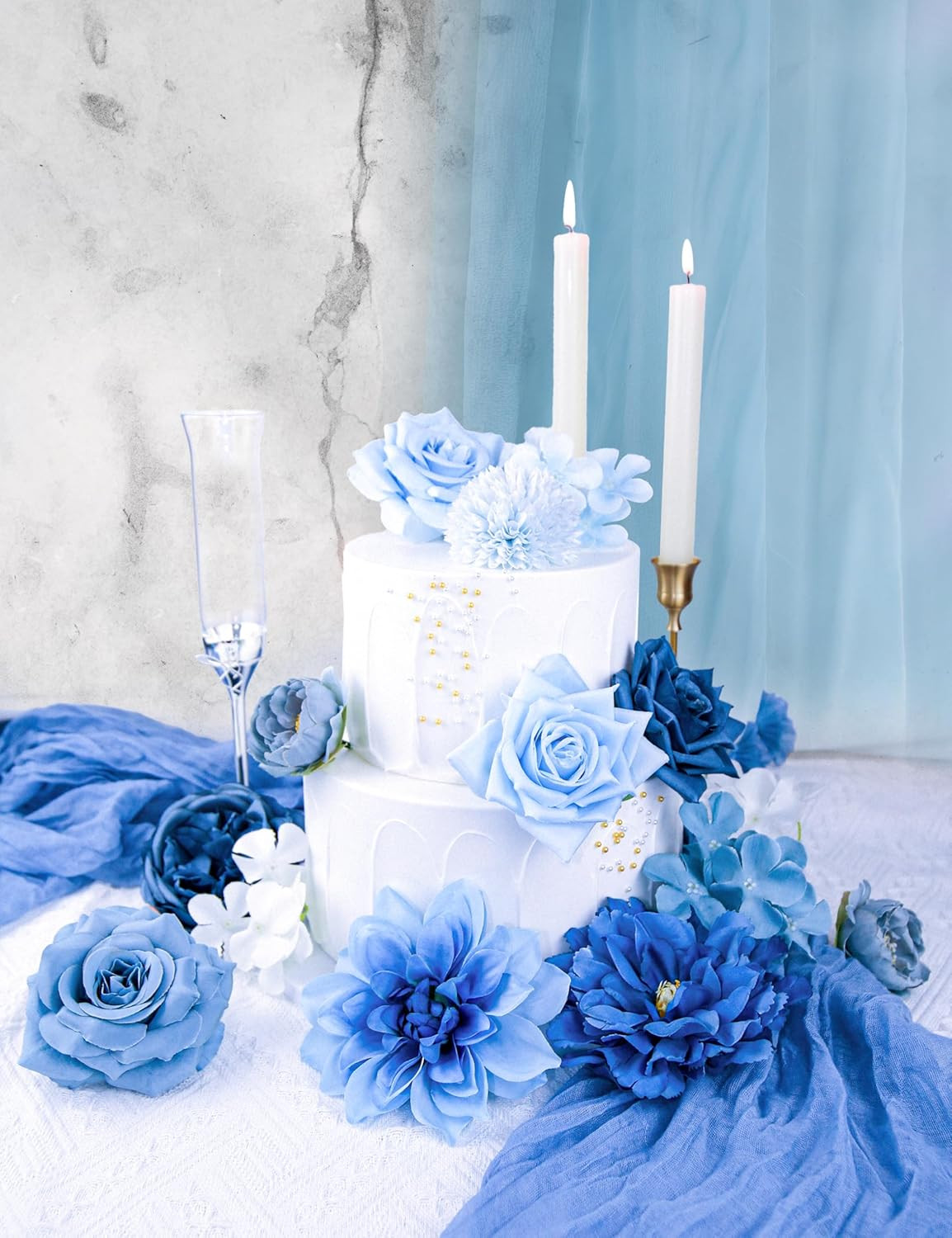 Blue Artificial Flowers Bulk Set Silk Peony Rose Bouquet DIY Wedding Decor