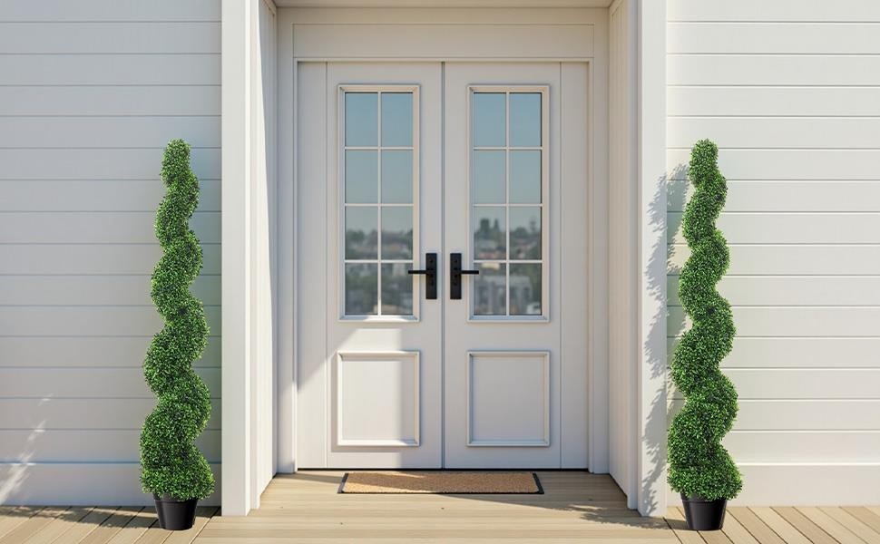 2 Pcs 5FT Artificial Boxwood Spiral Topiary Trees PE Faux Topiary Trees