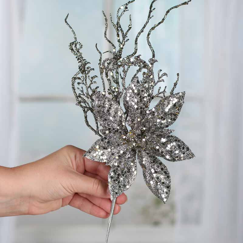 Set of 4 Silver Sparkling Poinsettia and Twig 17″ Floral Picks