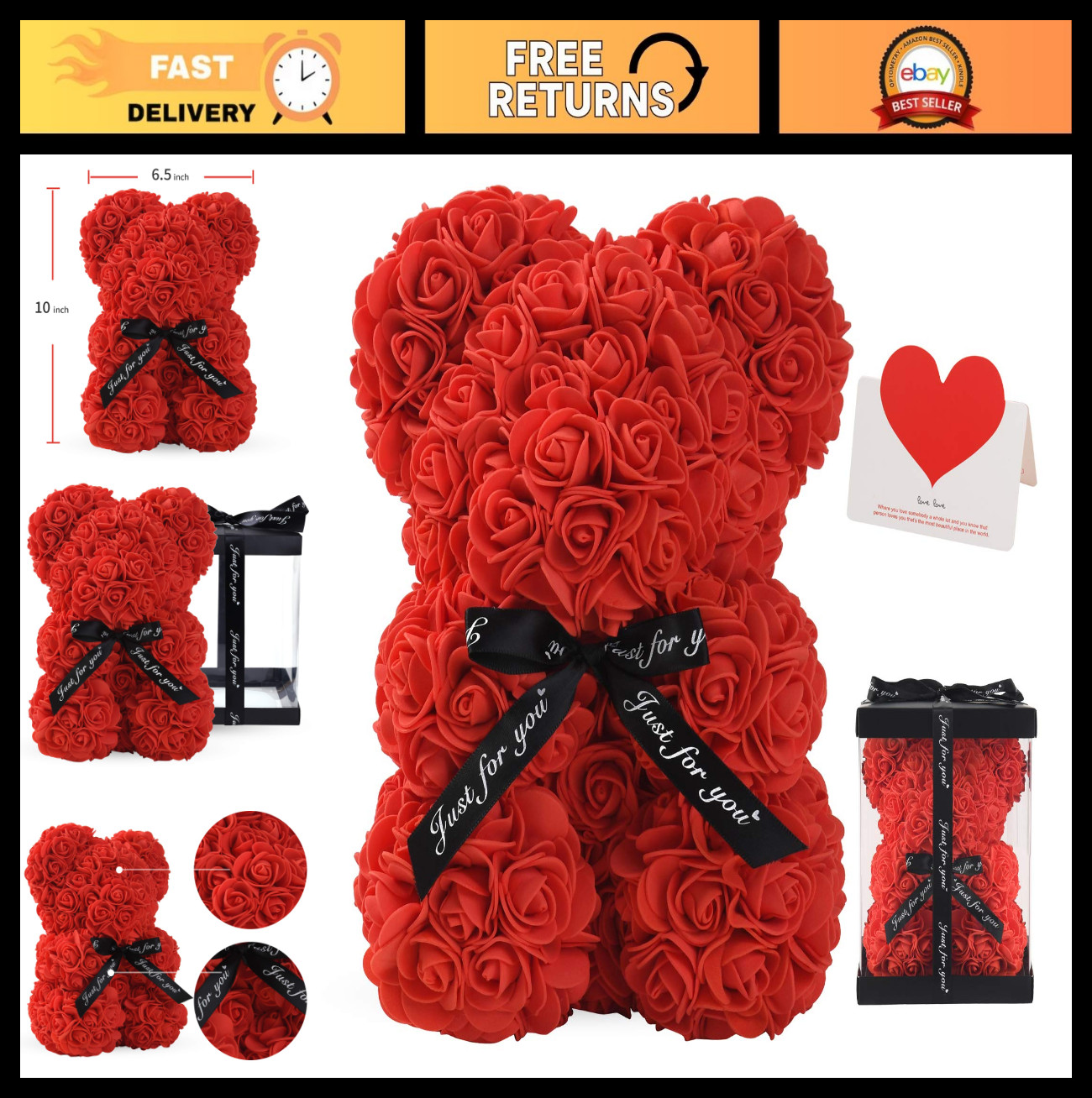 10″ Rose Teddy Bear – Artificial Flower Bear Gift for Wedding, Mother’s Day, Ann