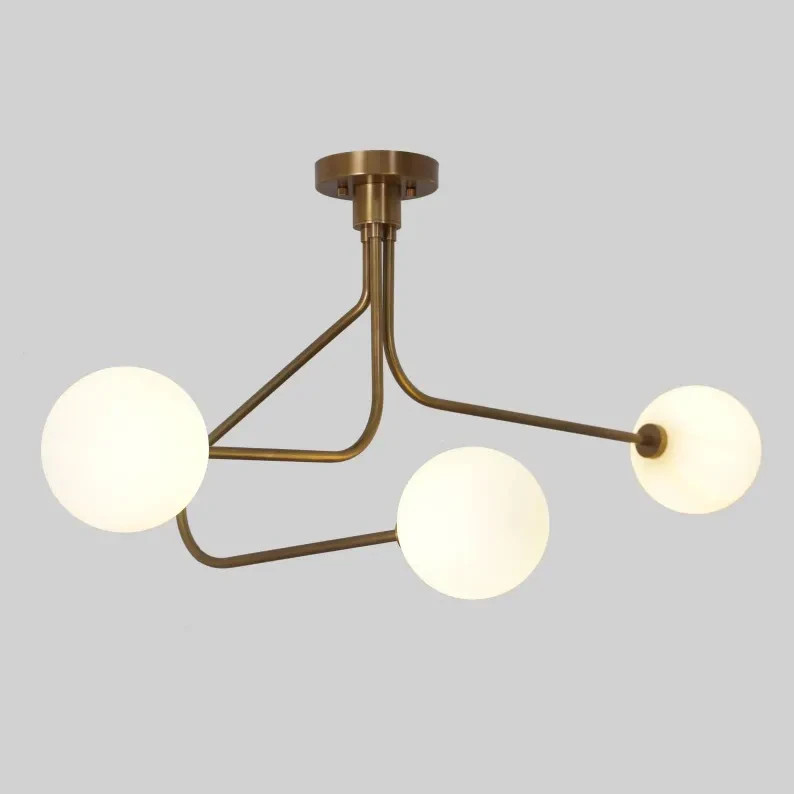Stilnovo Style Sputnik Chandelier: Brass Linear 3-Globe Ceiling Lamp