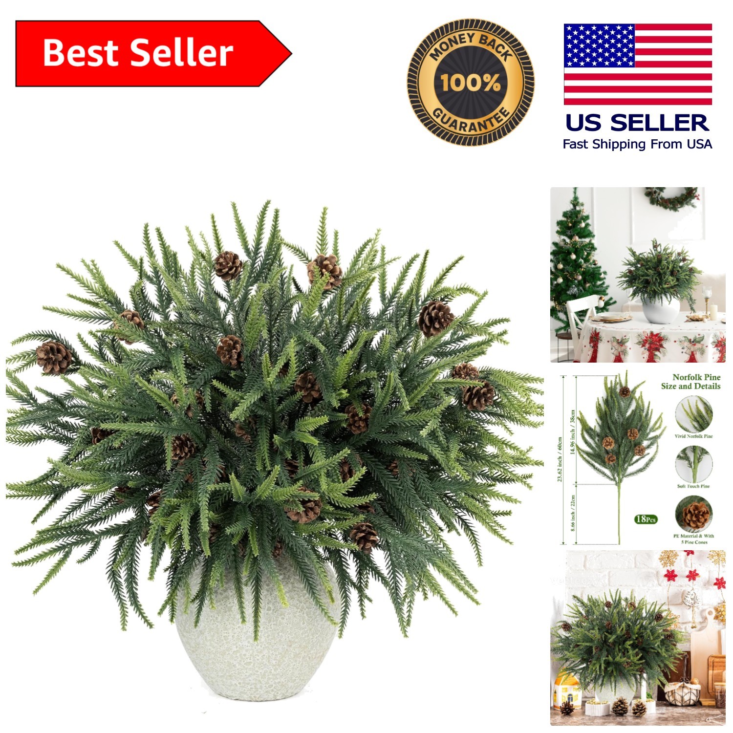 18 Pcs 24in Norfolk Pine Artificial Branches – Perfect for DIY Christmas Decor