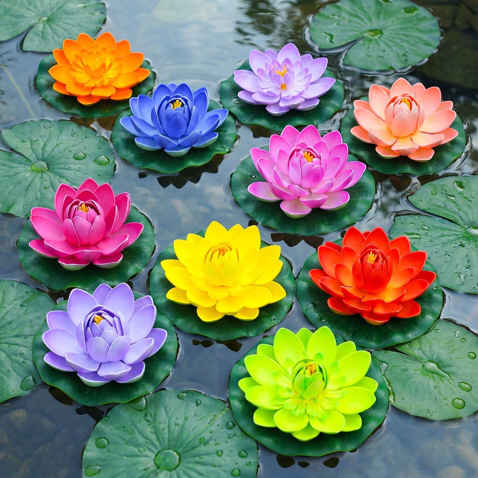 24 Pcs Floating Foam Lotus Flowers & Lily Pads – 14 Colors, Pond Decor, Garden O