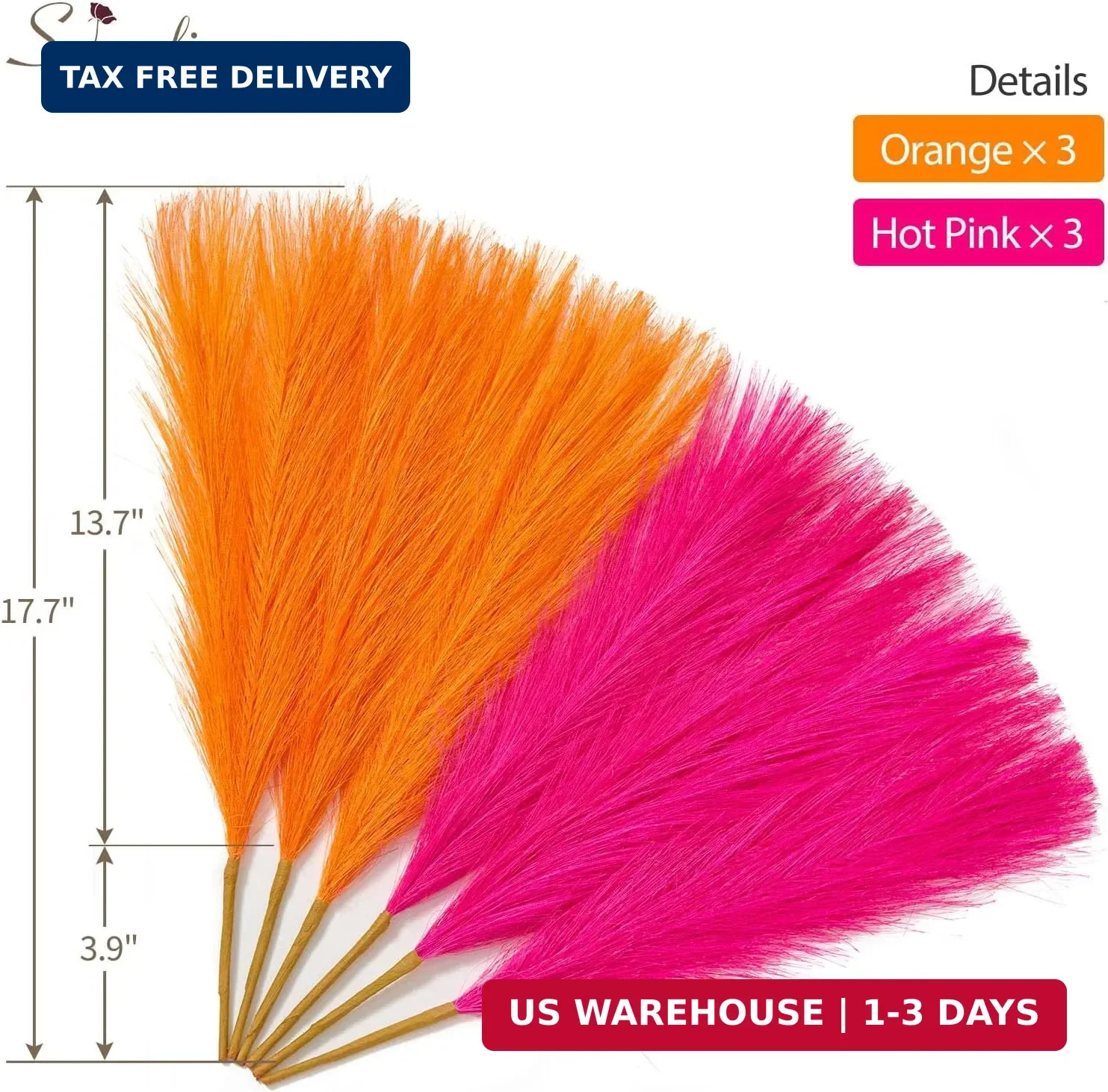Serwalin 6PCS Pampas Grass Decor, 17.7Inch Bright Orange Hot Pink Artificial Pam