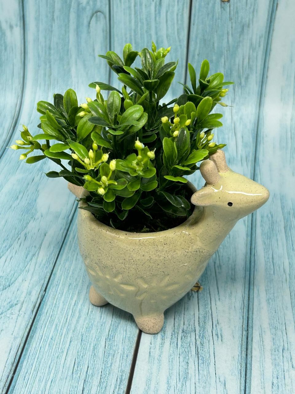 Mini 6″ Artificial Boxwood plastic plant potted in Ceramic DEER Giraffe Pot, han