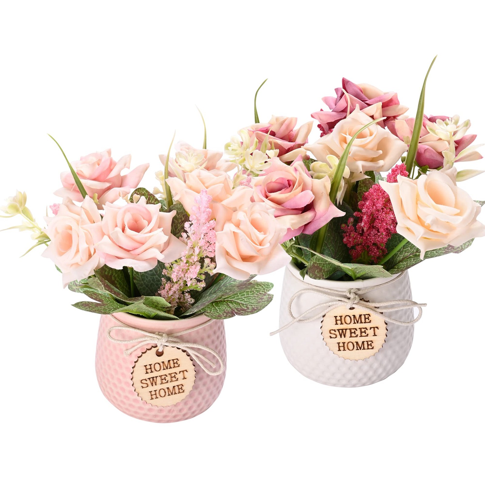 Artificial Flowers with Vase, 2pcs Pink Silk Roses in Pot, Fake Roses Bouquet De