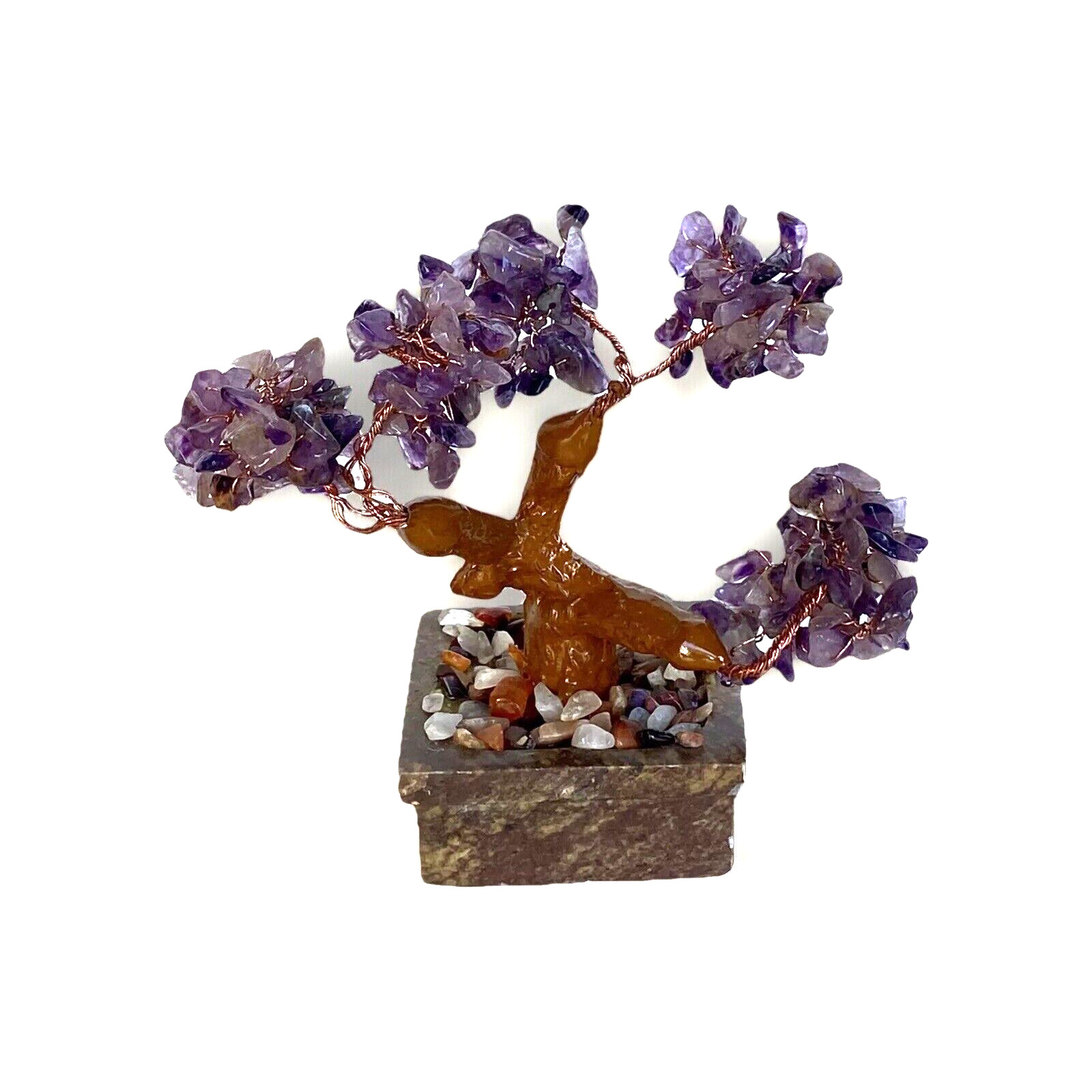 Vintage Polished Amethyst Chip Bonsai Tree Sculpture with Soapstone 4-3/4″ Tall