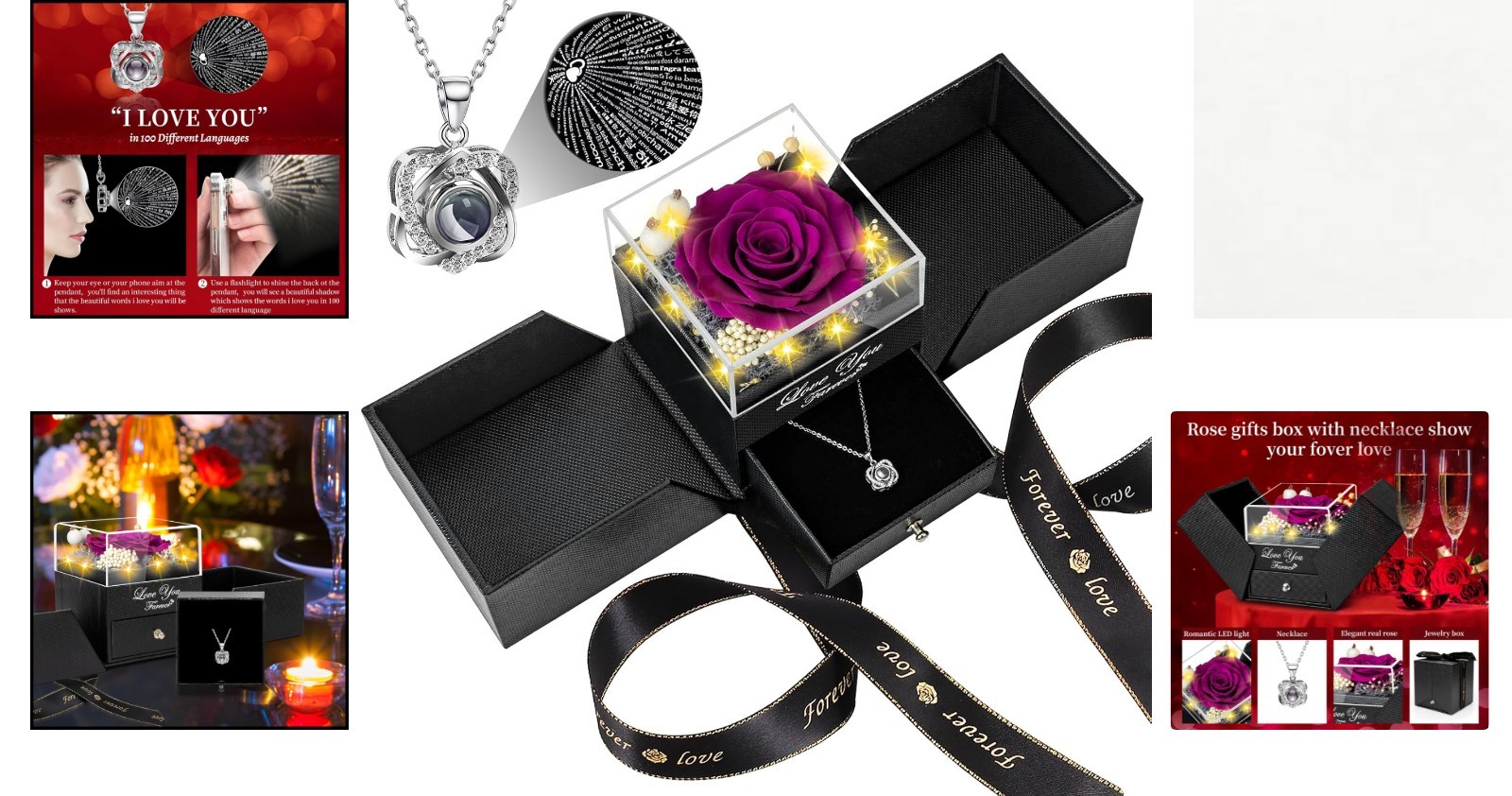 Eternal Purple Preserved Rose with Double Heart ‘I LOVE YOU’ Necklace Gift Set