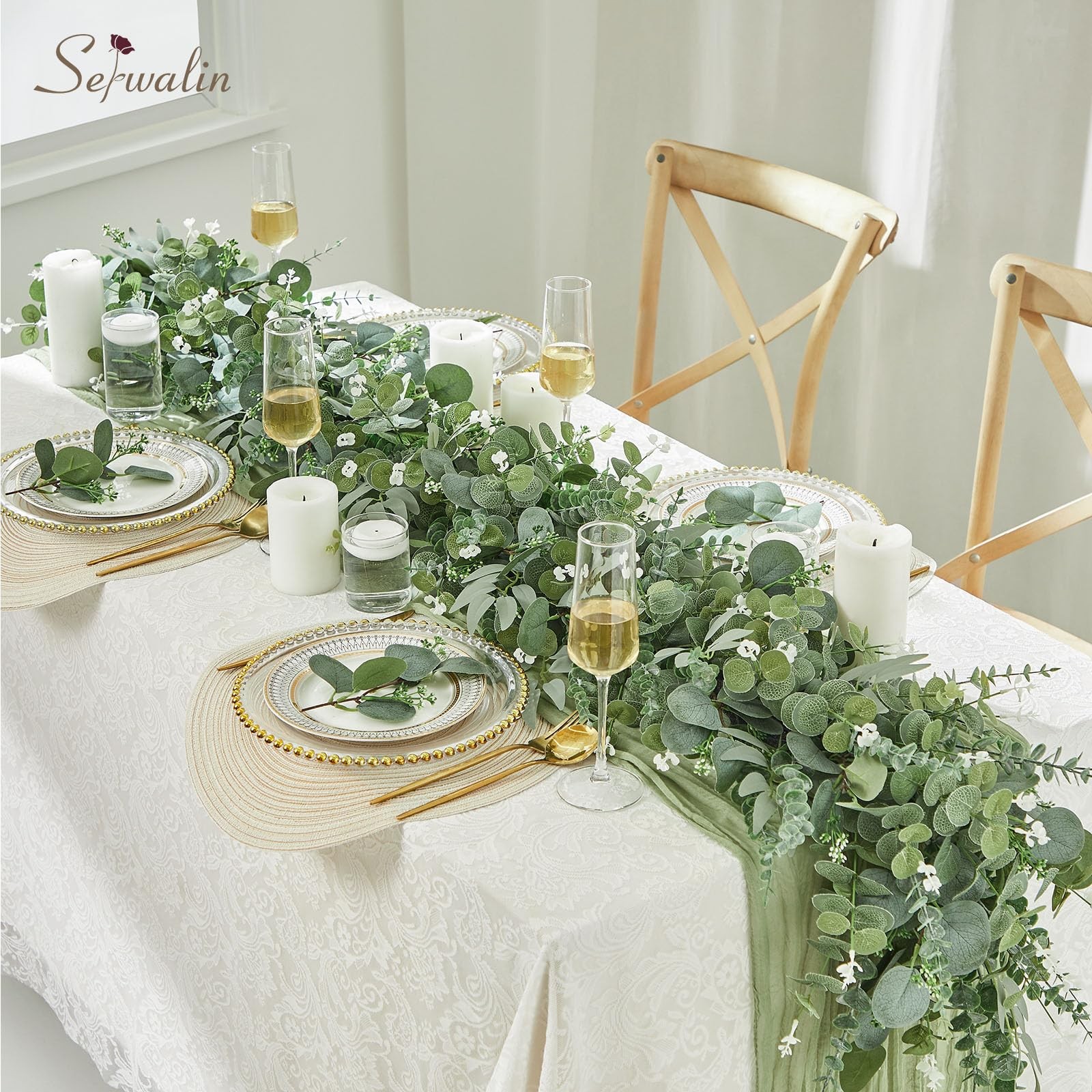 Artificial Greenery Stems, Faux Eucalyptus Stems Bulk with Fake Leaves, Mixed…