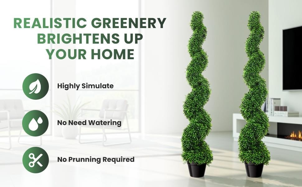 2 Pcs 5FT Artificial Boxwood Spiral Topiary Trees PE Faux Topiary Trees