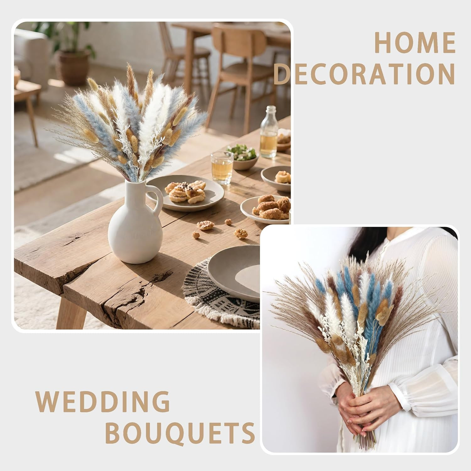 Natural Dried Flower Bouquet – 17″ Boho Style Mixed Pampas Grass Ideal for Home