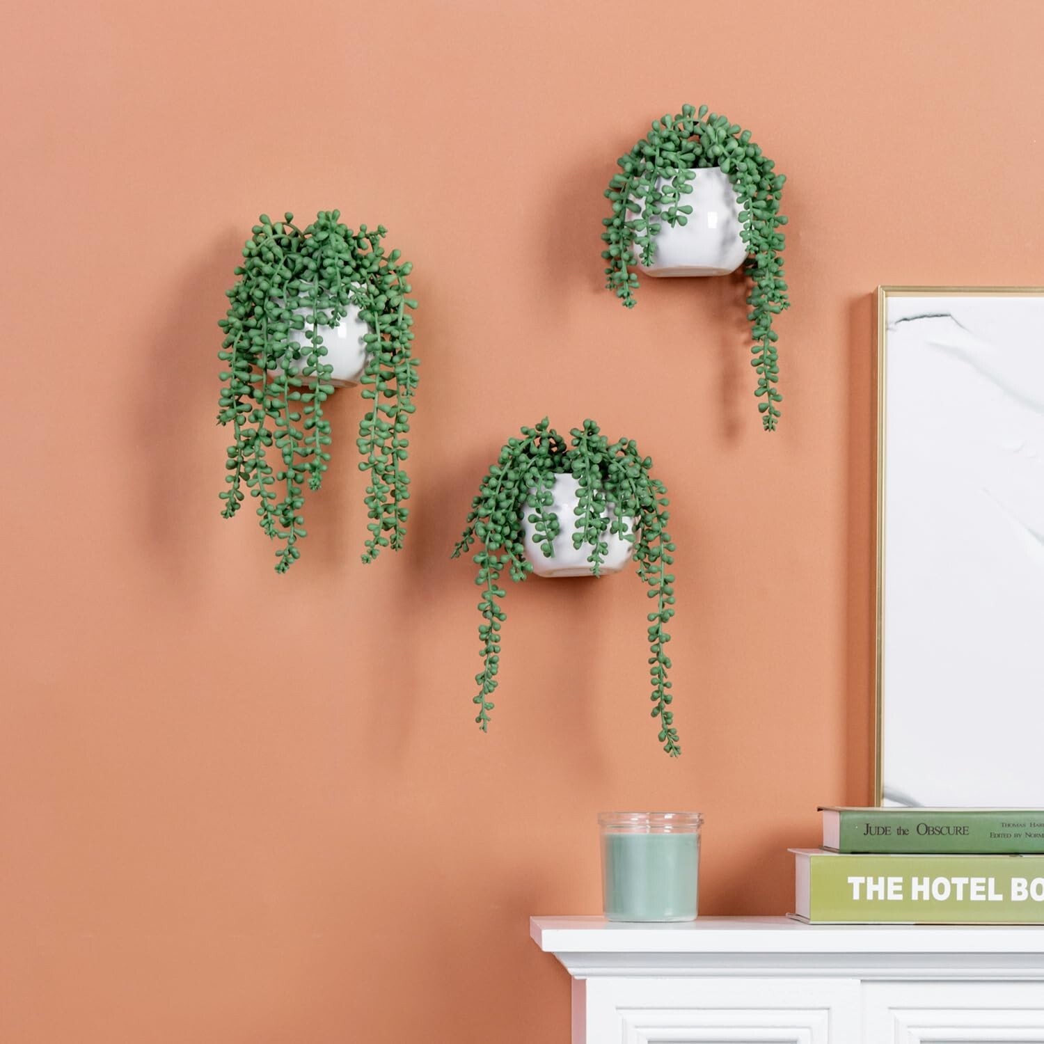 MyGift Set of 3 Faux String of Pearls Plants in White Ceramic Pots with Top Rope