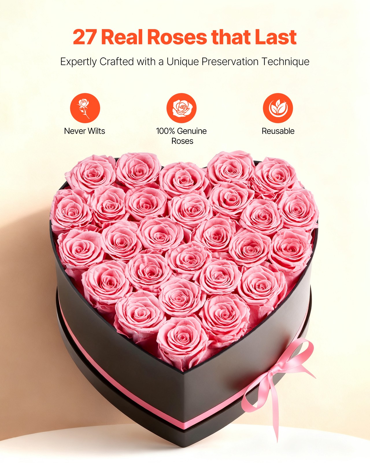 VEVOR Forever Flowers 27 Preserved Roses Heart Box Eternal Bouquet Pink