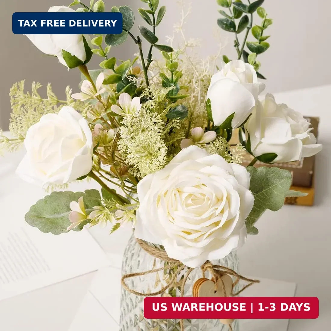 YJ Fake Flowers with Vase, Silk Roses Artificial Flowers in Vase, Faux Flower Pl