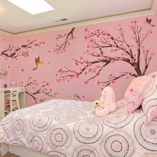 Pink Cherry Blossom Floral Birds Wall Decals Large Cherry Blossom Tree Branch Wa