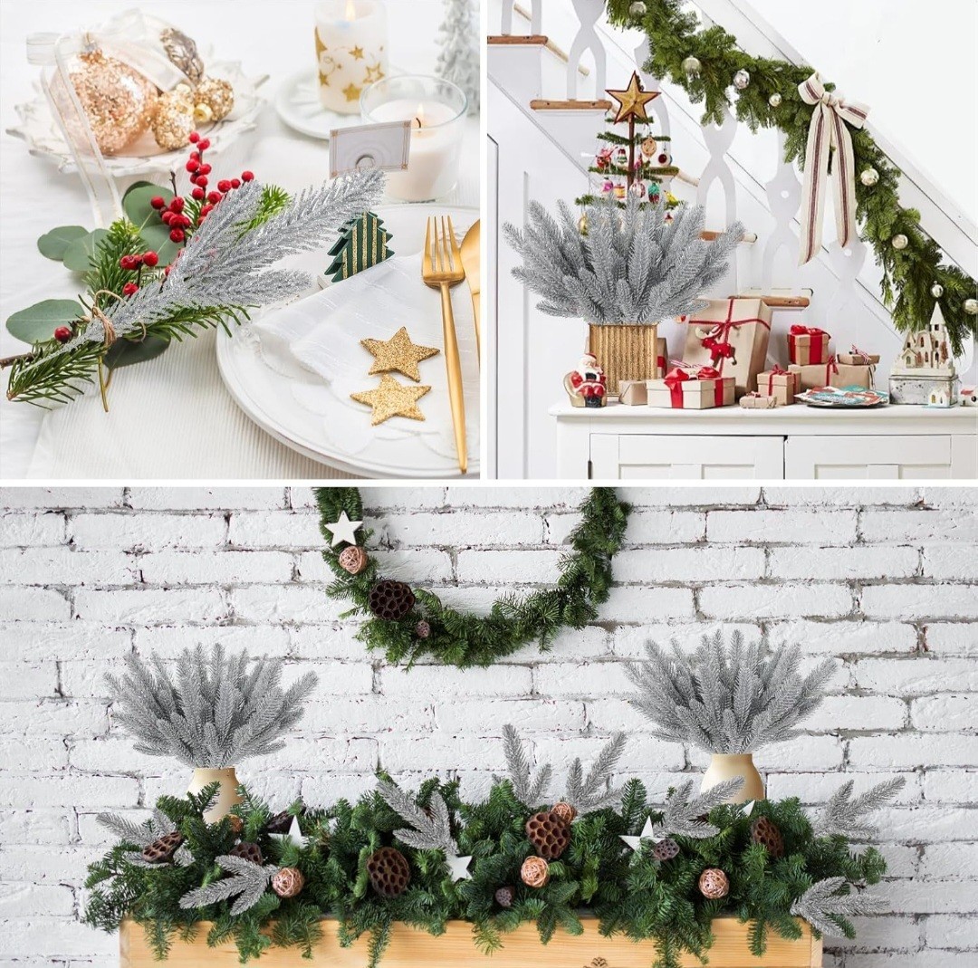 Recutms 20pcs Artificial Pine Needles Branches Christmas Glitter Twigs Pine…