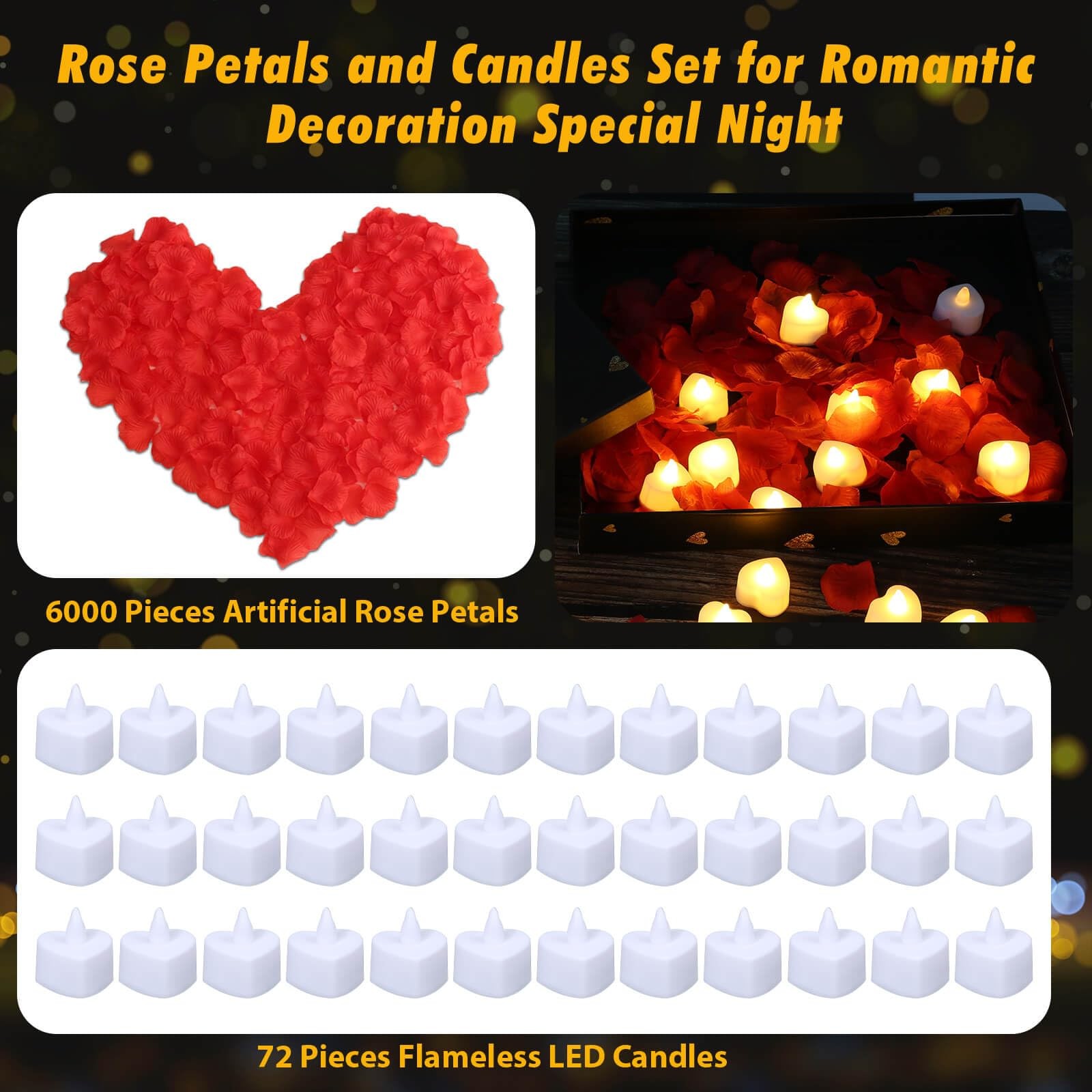 Rose Petals and Candles Set, 6000 Pieces Fake Rose Petals and 72 Pieces Heart…