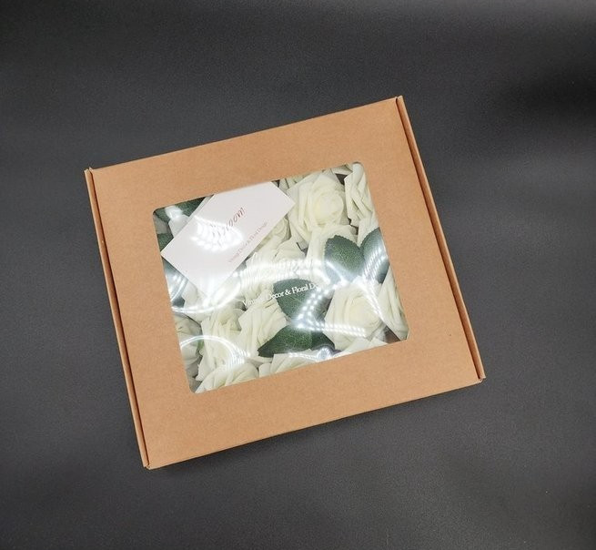 Floroom Artificial Foam Flowers 25 pcs. Ivory Roses w/Stems & Leaves – New