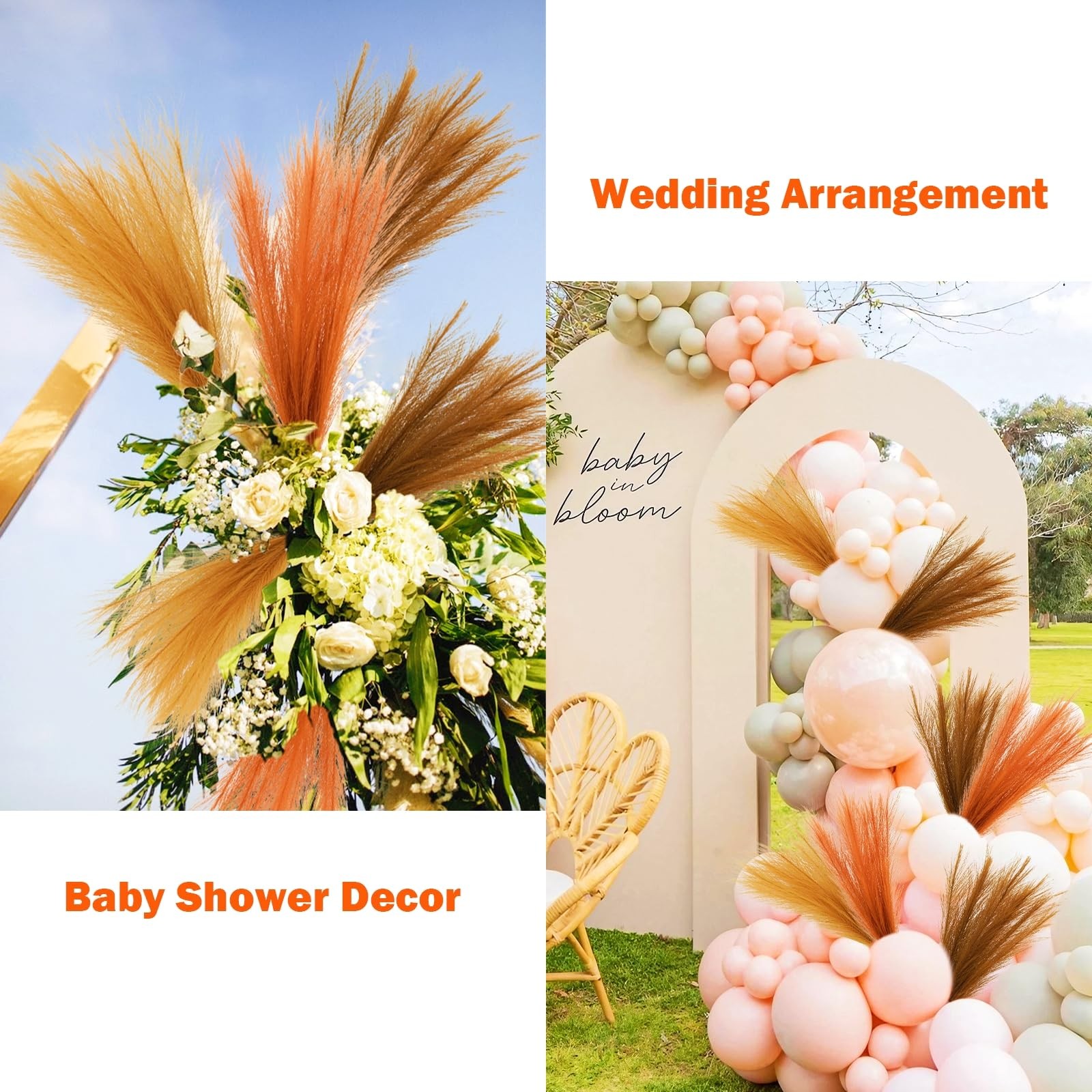 150pcs Orange Pampas Grass, 21.6in Fluffy Faux Colored Pompas Grass Short Art…