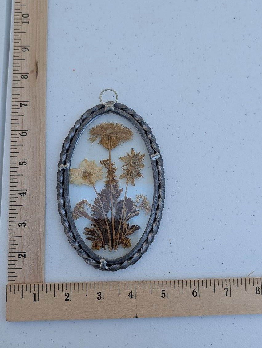 Vintage Lasting Impressions Real Dried Pressed Flowers In Glass W/ Metal Frame