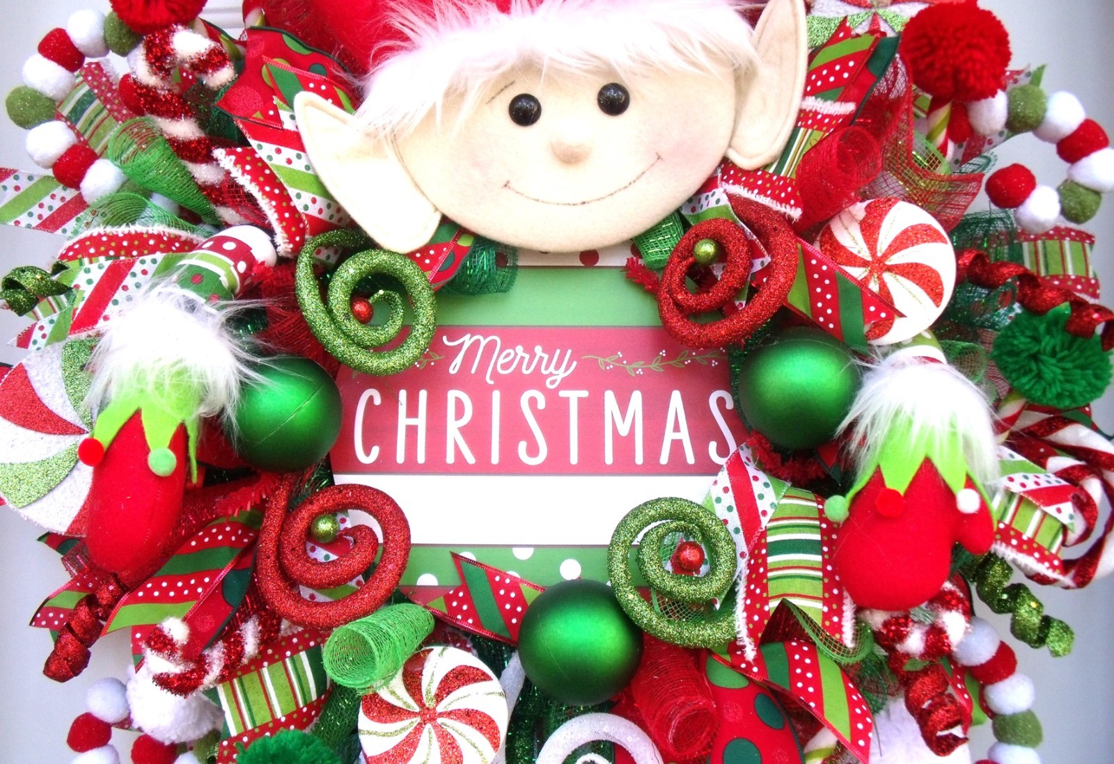 Handmade Elf Christmas Wreath, Whimsical Holiday Door Decor, XLarge Elf Wreath