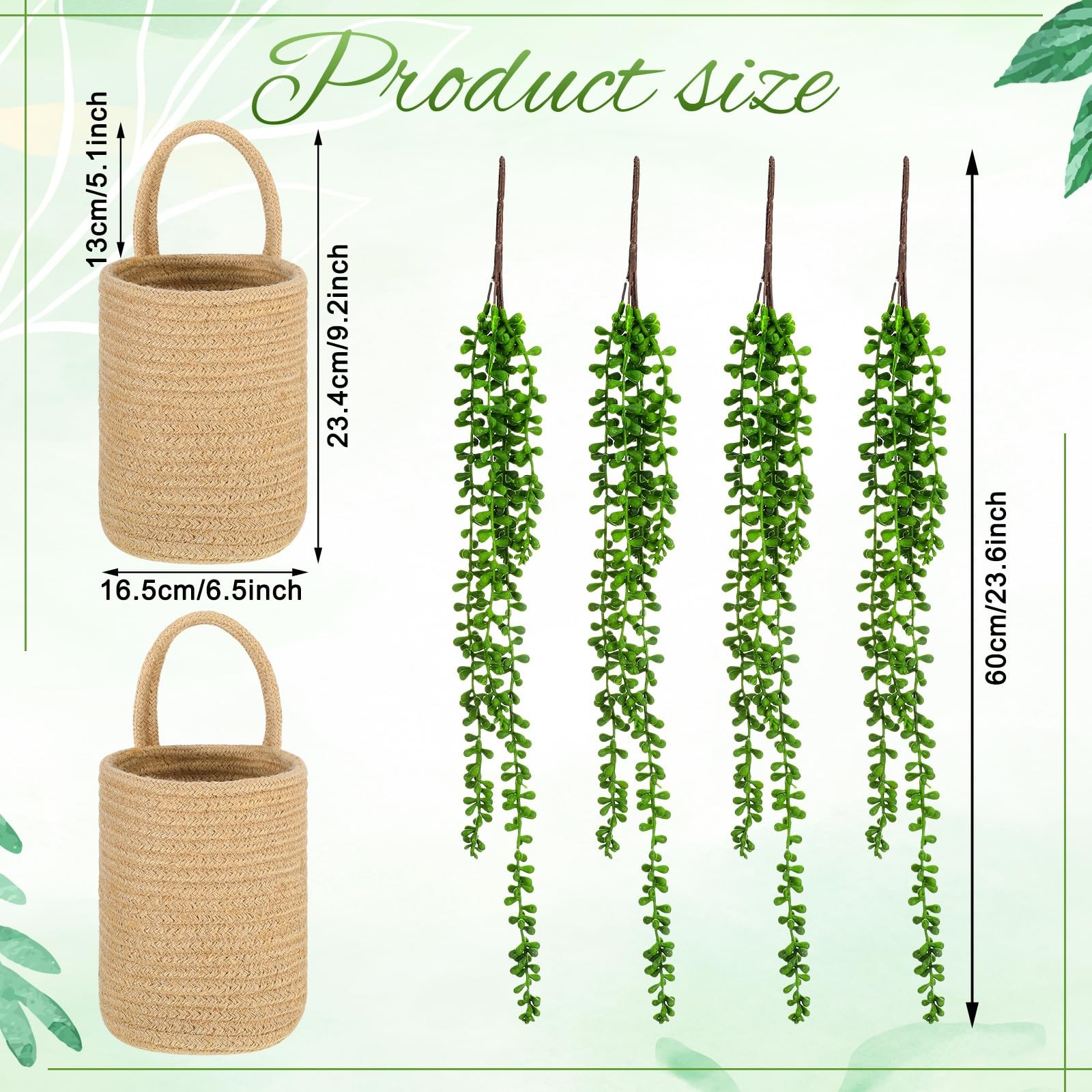 2 Pack Wall Hanging Rope Baskets with 4 Pcs Faux Strings of Pearls Plant Jute…