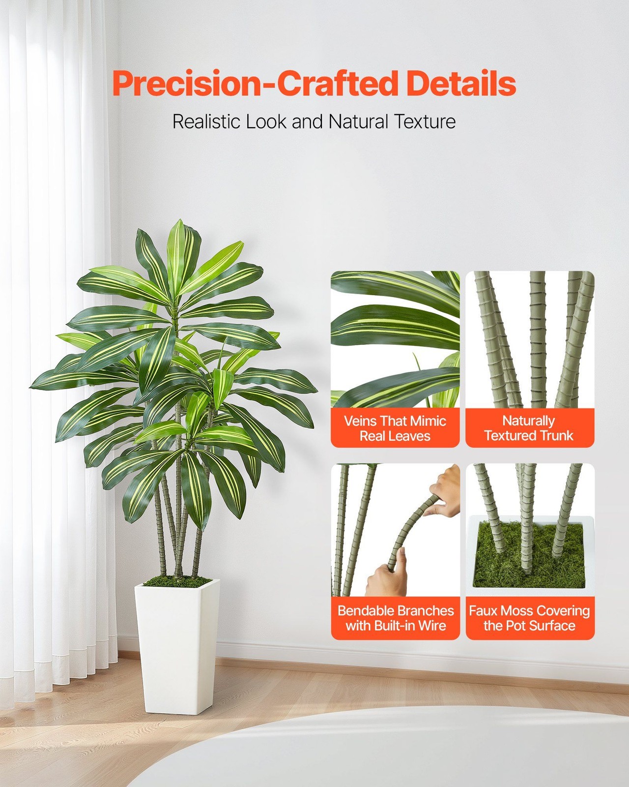 5ft Artificial Dracaena Plant with White Planter Flexible Branches Easy Clean