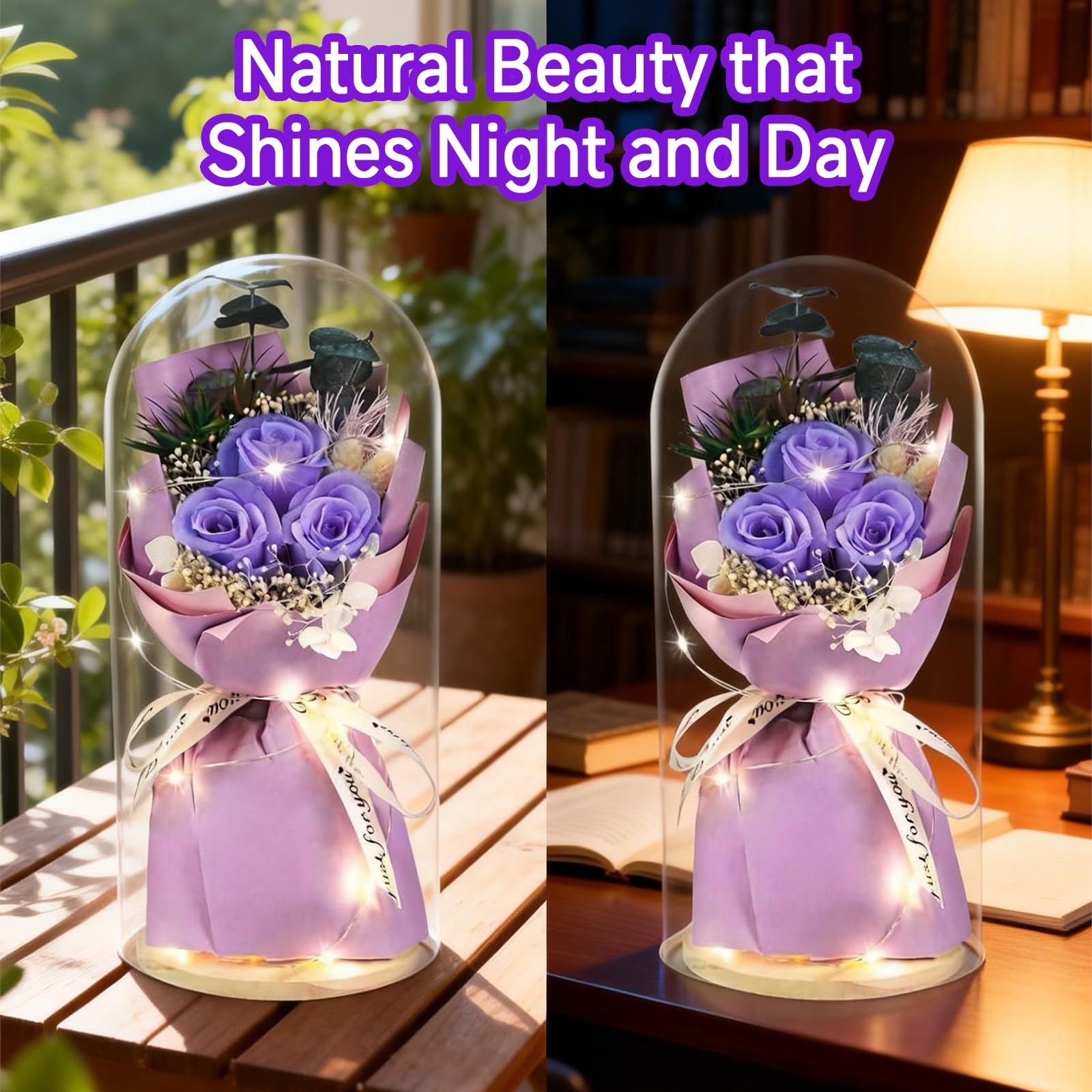 Preserved Flowers Bouquet in Glass Cloche Display Dome, Forever Purple Roses …