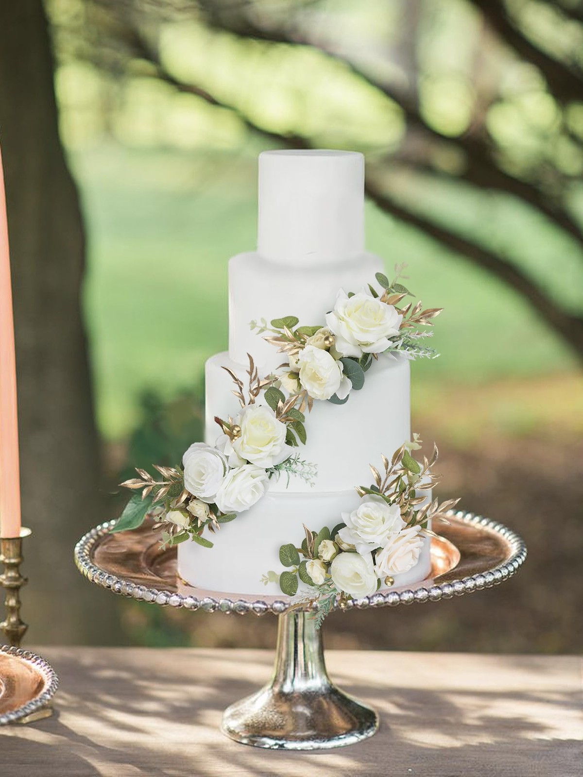 3 Pcs Pre-made Cake Toppers Flowers White Gold Artificial Wedding Decor