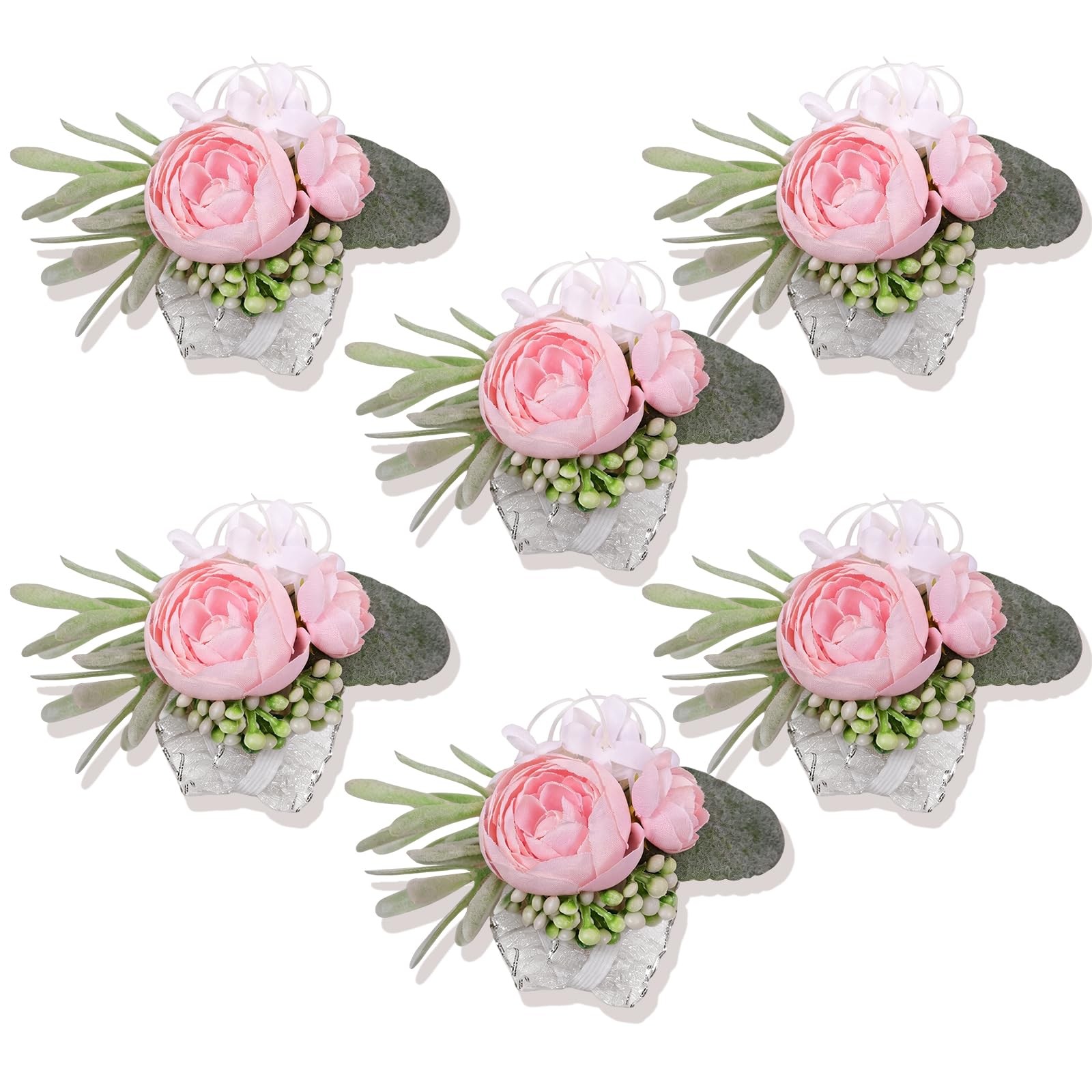6 PCS Pink Rose Wrist Corsages Bride Bridesmaid Girls Hand Flowers Wedding