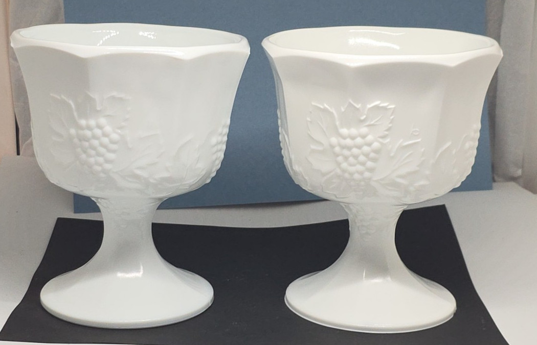 Vintage Milk Glass Lot of 3 Grape Pattern Vases & Compote Set White