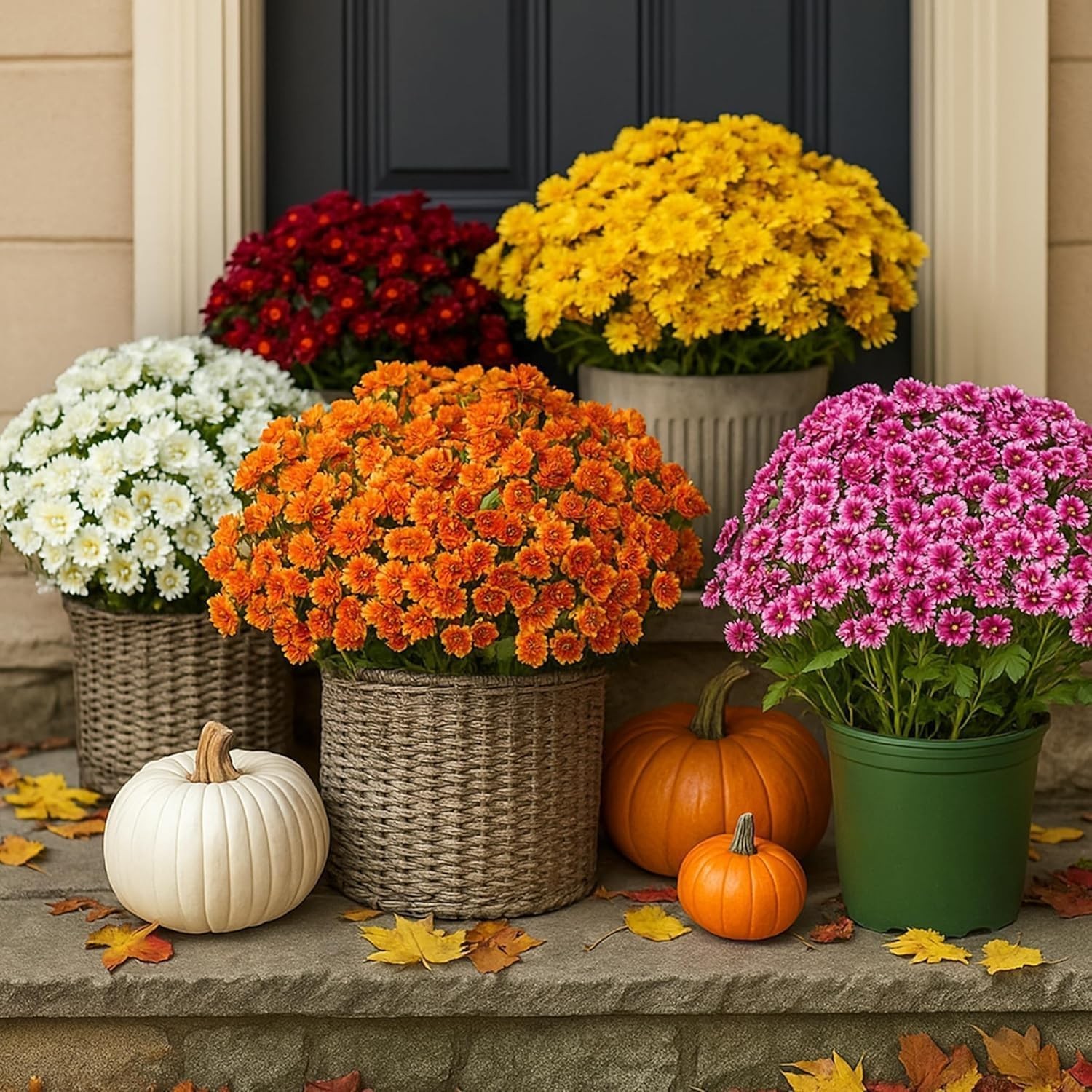 Durable Outdoor Decor – 5PCS Waterproof Yellow Mums with Eucalyptus Leaves
