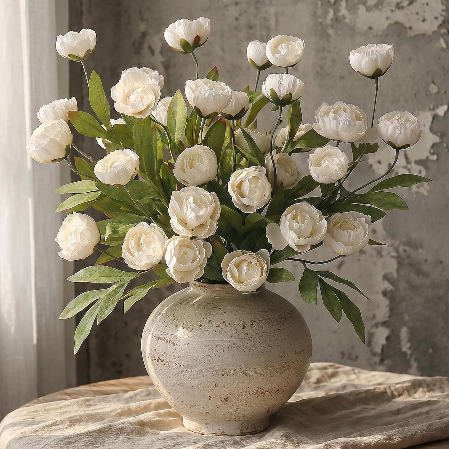 6 PCS 27″ Cream Artificial Peony Branches – Realistic Silk Flowers for Home Deco