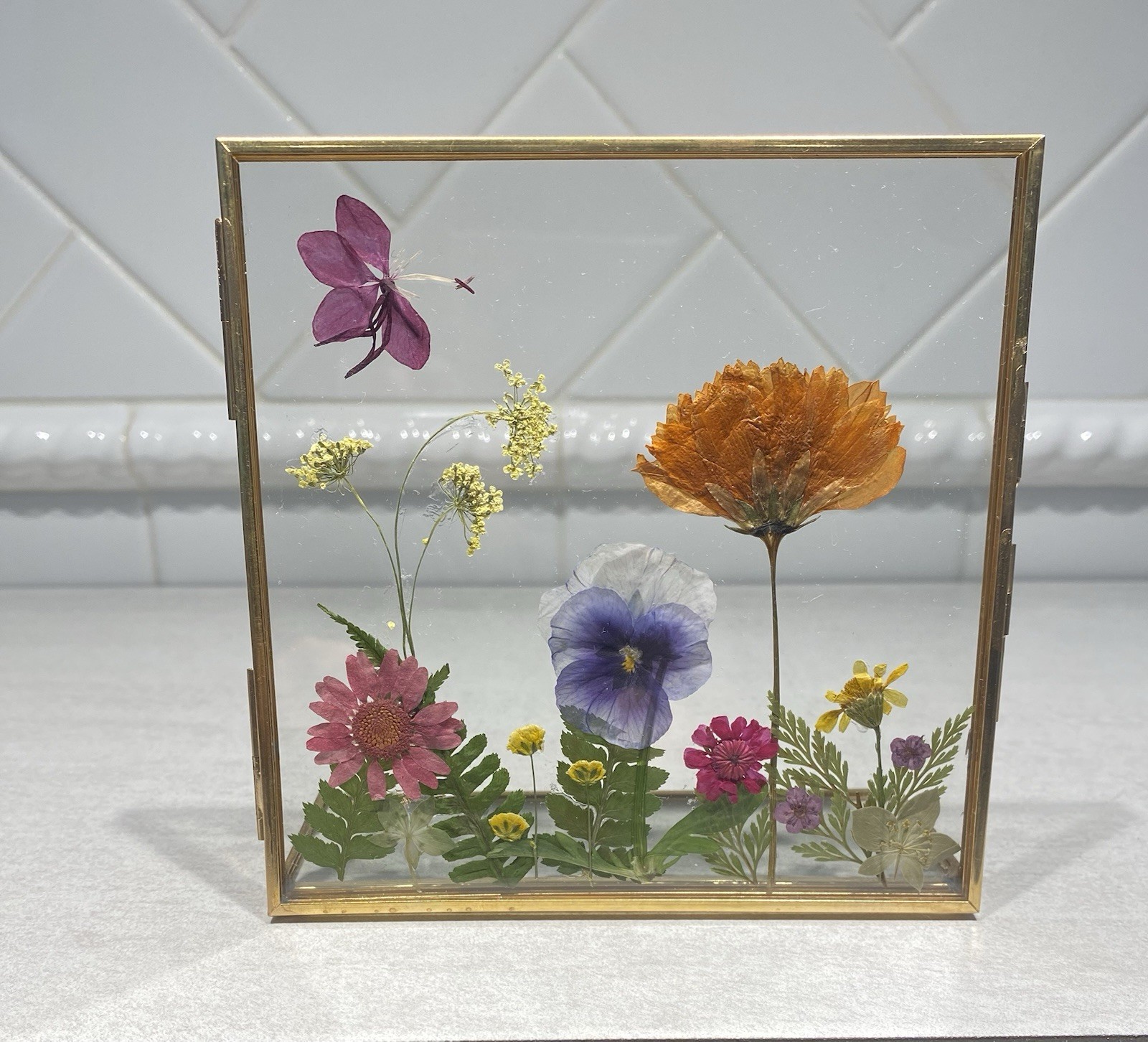Pressed Dried Real Flowers In Double Glass Floating Brass Frame