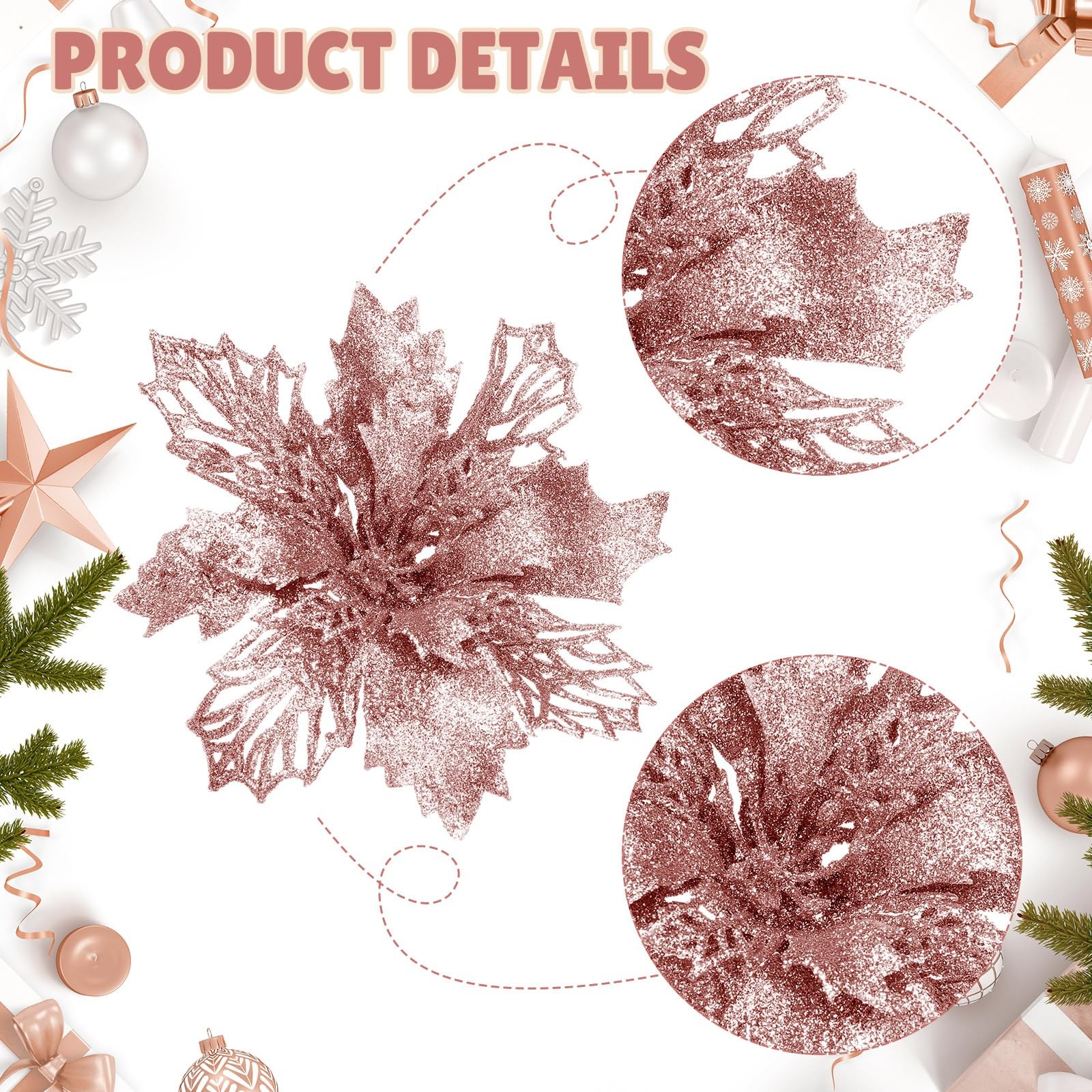 48 PCS Rose Gold Glitter Poinsettia Artificial Flower Christmas Decoration