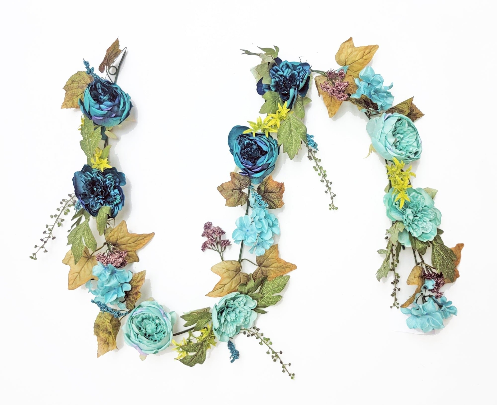 Cabbage Rose and Hydrangea Berry Garland,Teal, 72″ L