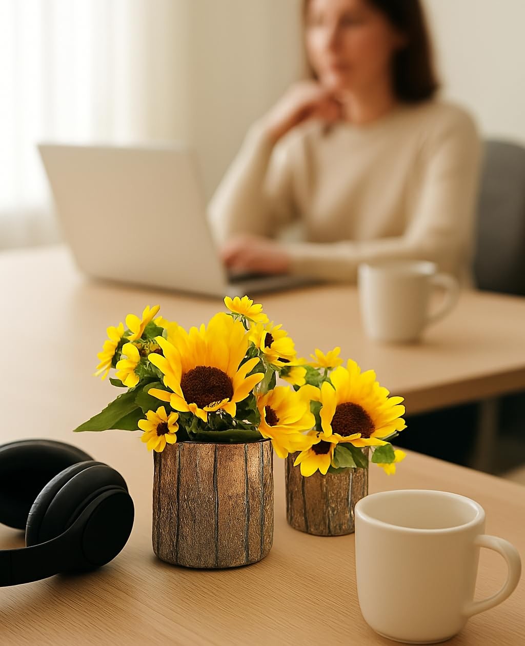 Artificial Sunflowers For Spring Decor Small Potted Flower In Log Planters Table