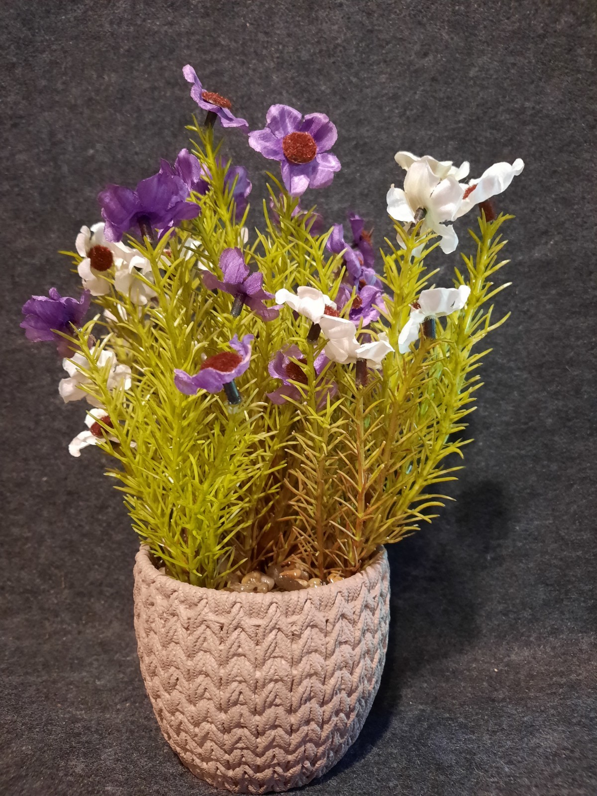 Dainty Faux Purple & White Flowers & Greenery In Woven Design Resin Flower Pot!