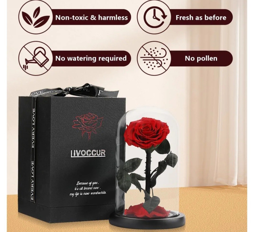 Livoccur Preserved RED ROSE in Glass DOME 4.7″×4.7″×7.5″ Stand