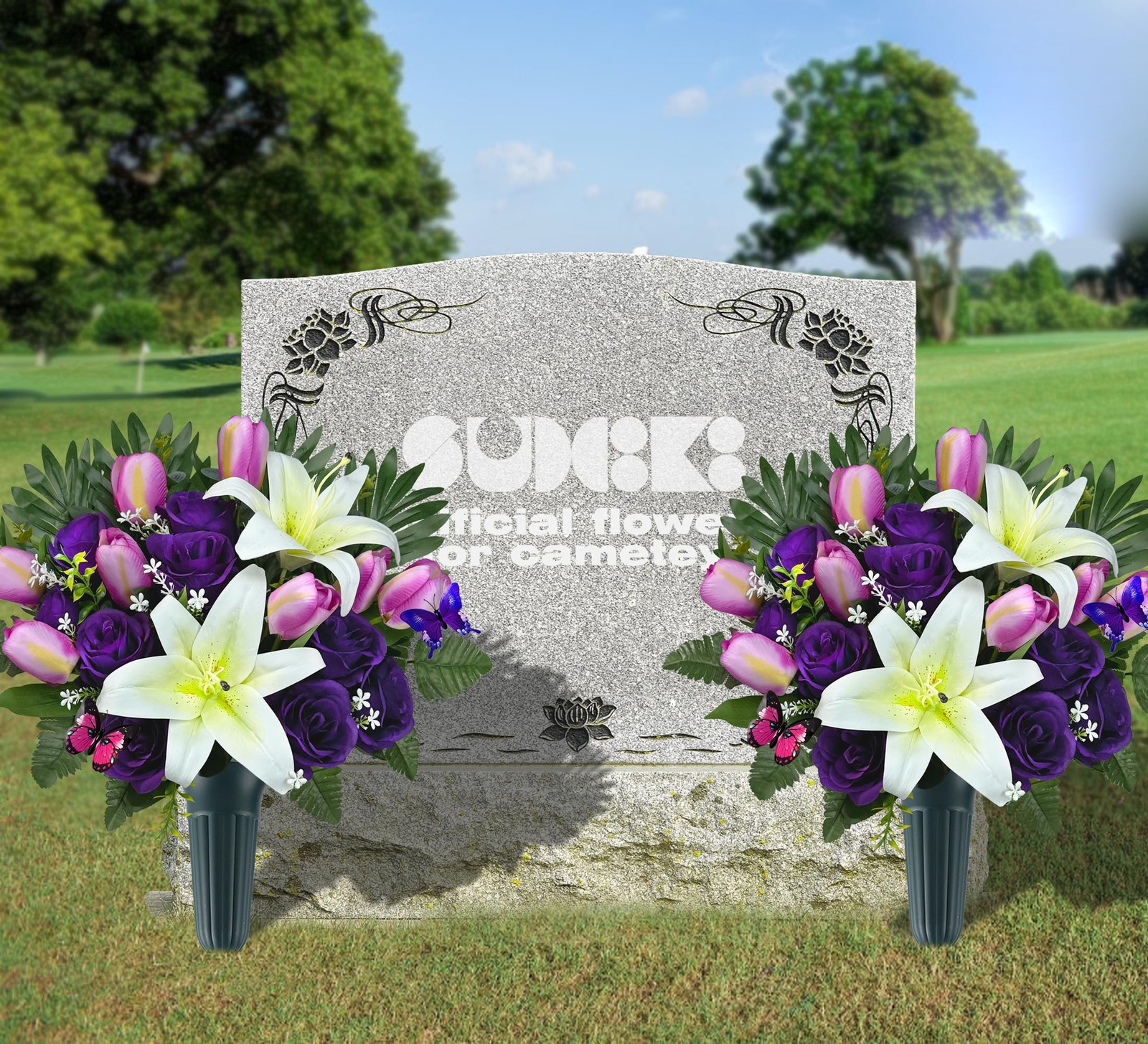 Cemetery Flowers with Vases for Grave Decor, Silk Lily Rose Tulip Headstone F…