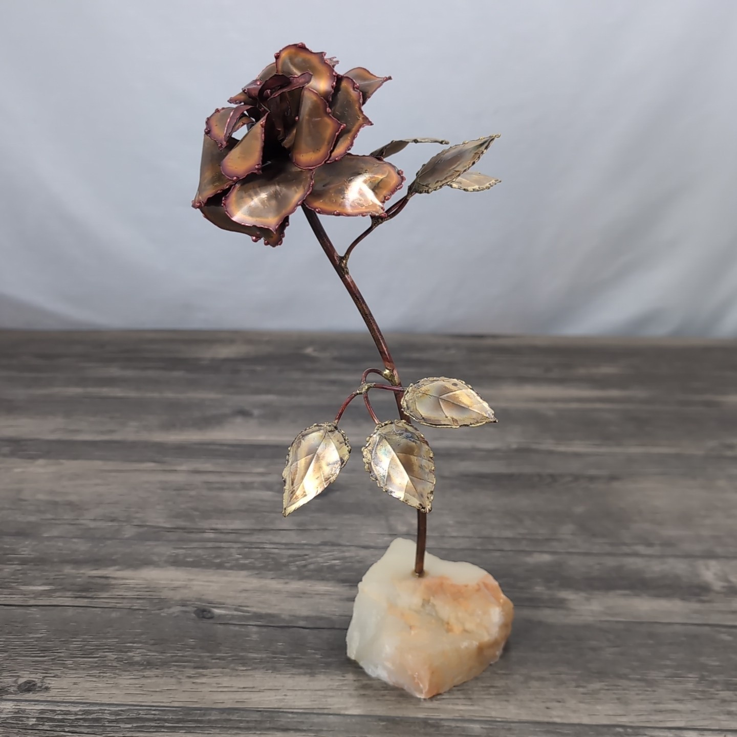Vintage Tole Wild Rose Sculpture Rock Base Signed 1986 11.5in OOAK Decor