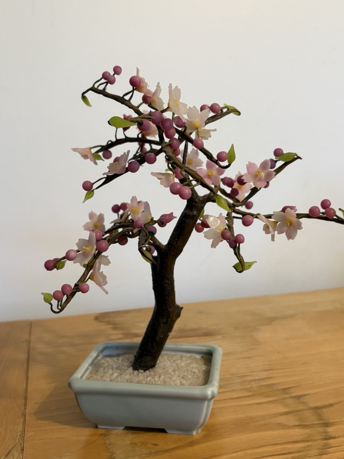 Vintage Cherry Blossom Bonsai Tree w/ Pink Blossoms & Berries Gray Planter