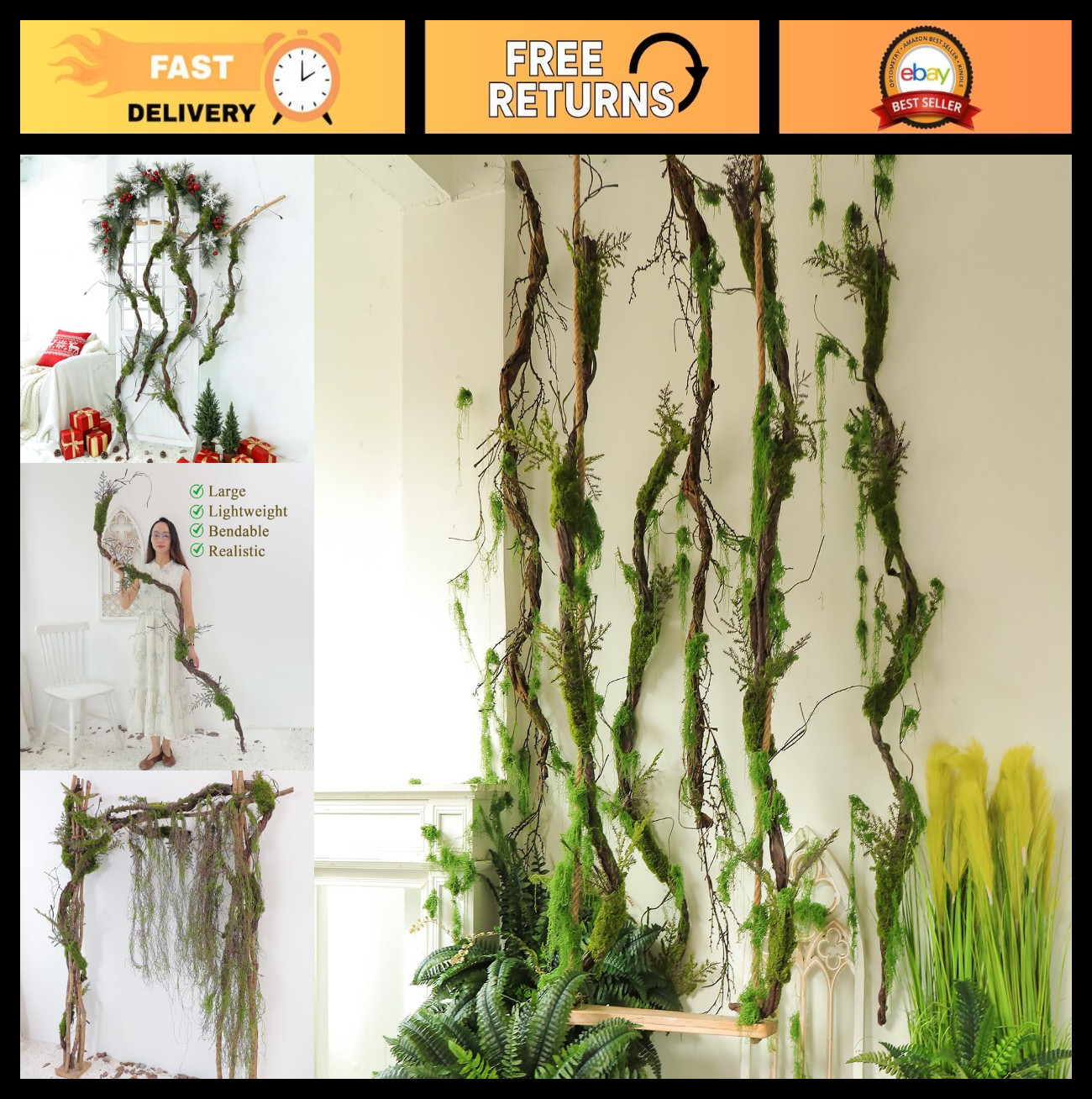 Large 78.9″ Bendable Artificial Tree Branches with Moss & Leaves for Outdoor Dec